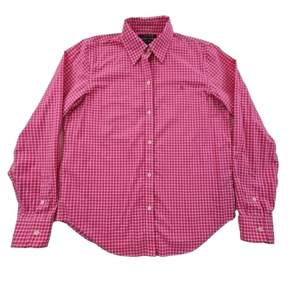 Lauren Ralph Lauren Green Label Shirt Women's Small‎ Pink Check Long Sleeve EUC